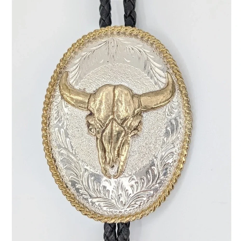 Vintage Western Bull Longhorn Skull Bolo Tie Silver Gold Tone Braided Cowboy